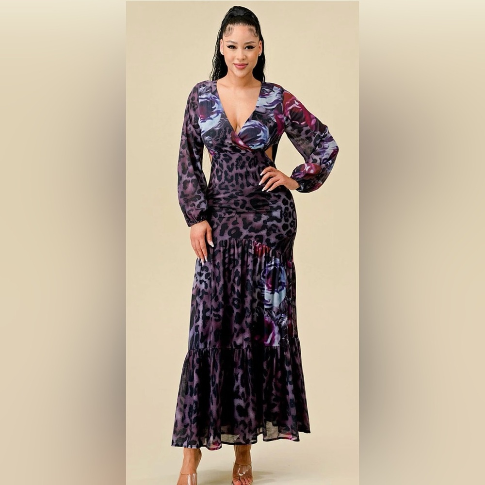 Floral Animal Print Long Sleeve V Neck Cut Out Maxi Dress - Picture 10 of 16